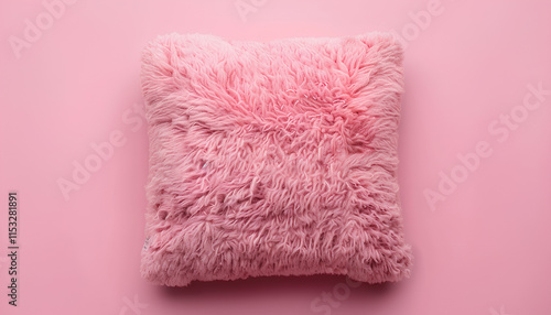 Fuzzy decorative pillow on color background, top view