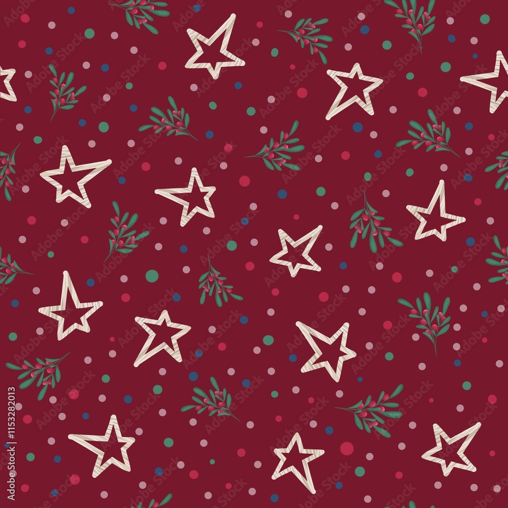 Seamless pattern design with stars and mistletoe on dark red background Seamless pattern design with stars and mistletoe on dark red background