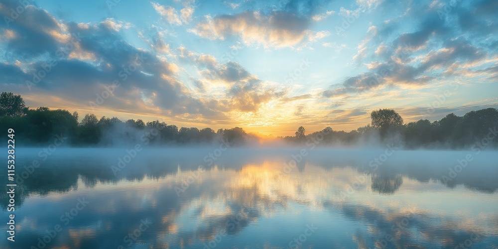 Dawn over the lake reveals a serene early summer morning as large, thick clouds of mist rise gracefully above the tranquil water, creating a peaceful and enchanting atmosphere at dawn on the lake. Dawn over the lake reveals a serene early summer morning as large, thick clouds of mist rise gracefully above the tranquil water, creating a peaceful and enchanting atmosphere at dawn on the lake.