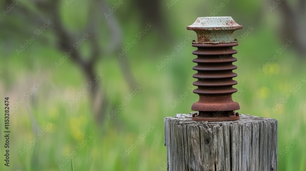 Up-Close View of a Weathered Metal Insulator on a Timber Pole, Highlighting Corrosion-Resistant Rust Prevention Up-Close View of a Weathered Metal Insulator on a Timber Pole, Highlighting Corrosion-Resistant Rust Prevention