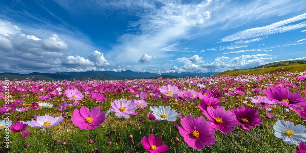 Obraz premium Vibrant cosmos flower field during a festival celebrating Kochia scoparia, showcasing the beauty and diversity of these stunning cosmos flowers in a breathtaking landscape.
