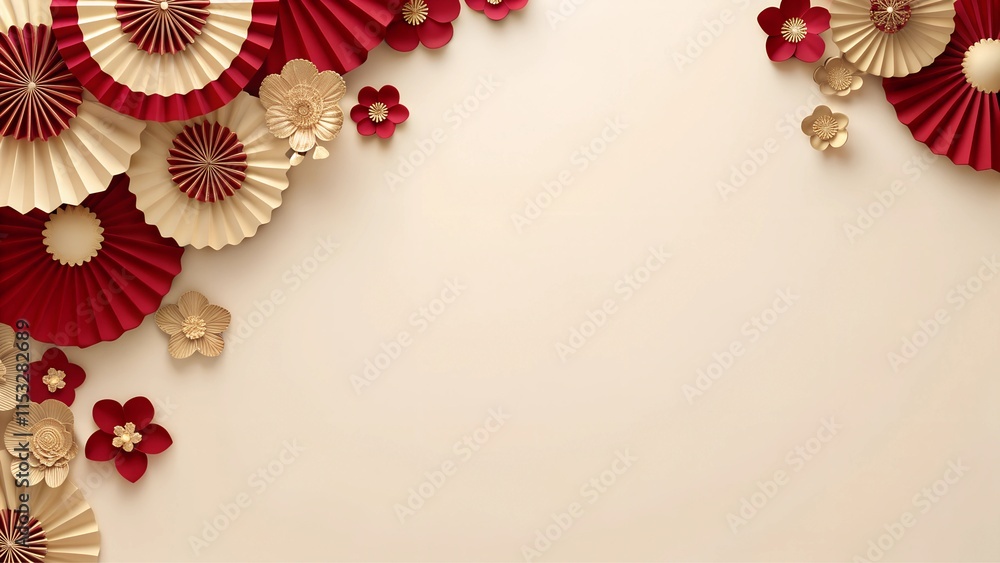 Fototapeta premium Elegant Red and Gold Paper Fans and Floral Chinese Decoration - Lunar New Year Festive Background