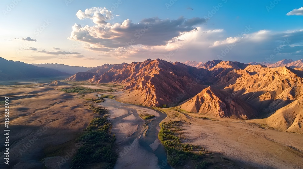 Fototapeta premium Aerial view of Pe Altai Mountains baPed in golden light, wiP rugged peaks casting dramatic shadows, in 4K resolution