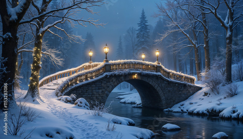 A charming stone bridge covered in snow and twinkling lights, arching over a frozen stream surrounded by snow-laden trees under a starry night sky