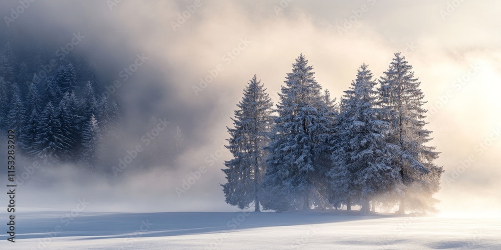 Fototapeta premium Alpine Winter Landscape Trees Blanketed in Snow with a Misty Fog Enveloping the Scene