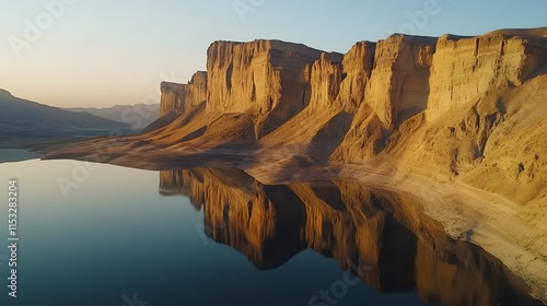 Aerial shot of a serene Ratti Gali Lake reflecting Pe towering cliffs and golden hour sky, in 4K resolution photo