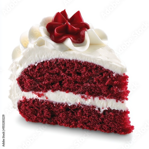 Red Velvet Cake Slice with Creamy Frosting and Decorative Cherry Topping photo