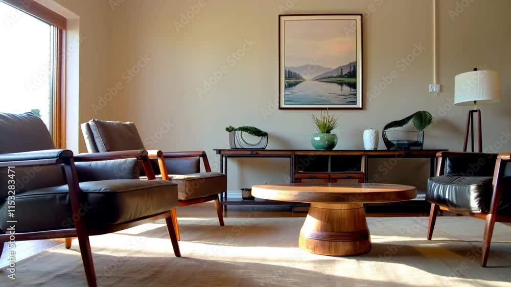 Mid century modern living room with two leather chairs and a wooden round coffee table, showcasing stylish interior design Mid century modern living room with two leather chairs and a wooden round coffee table, showcasing stylish interior design