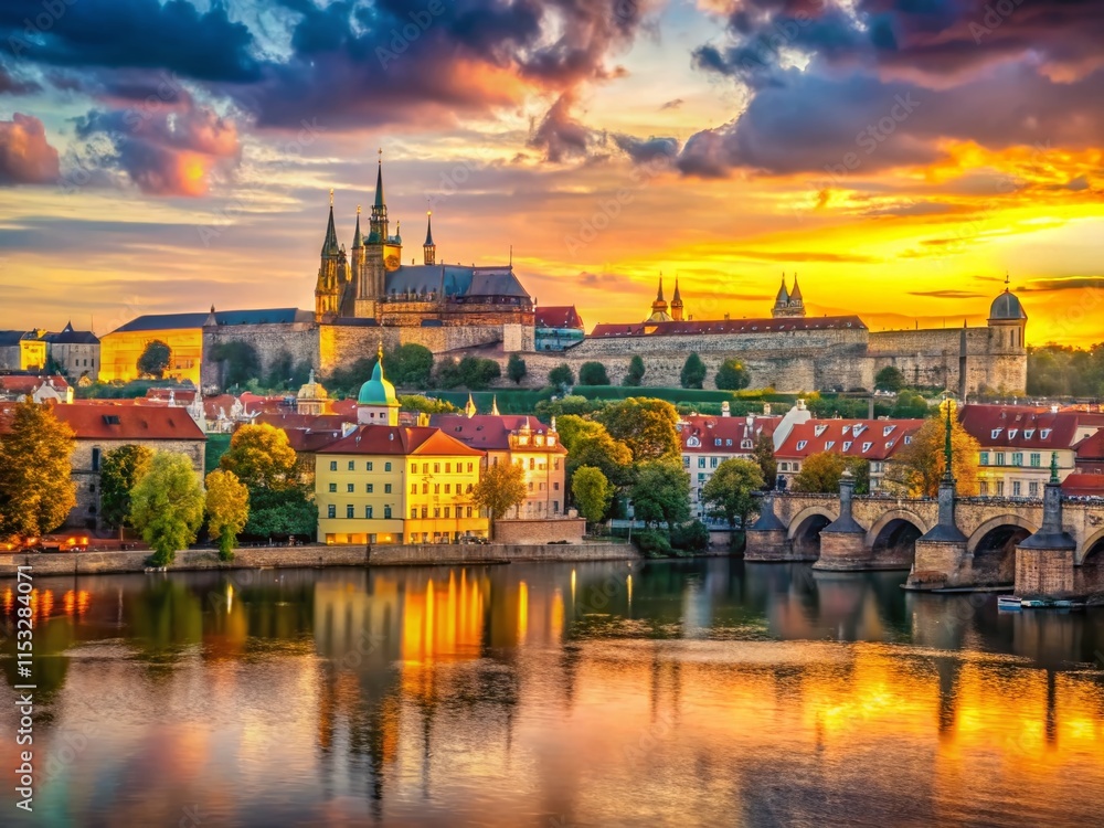 Obraz premium Panoramic Prague: Castle, Charles Bridge, Vltava River