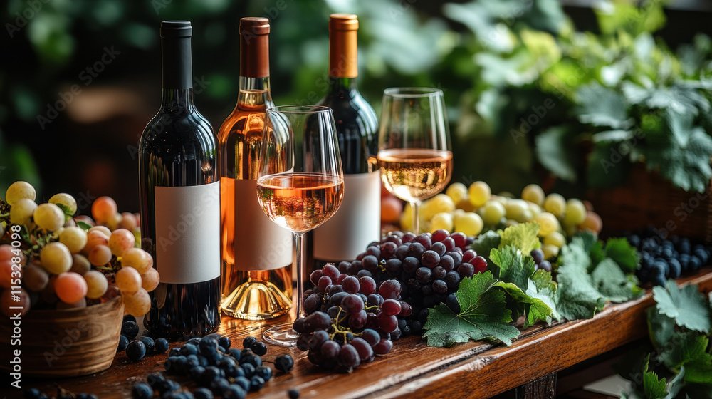 Obraz premium vibrant display of wine bottles, glasses, and fresh grapes on rustic wooden table