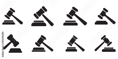 Law hammer silhouette icon set vector on white background 