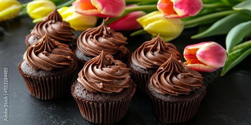 Indulge in delicious chocolate cupcakes, perfect for Mother s Day, beautifully paired with vibrant spring tulips, creating a delightful and tasty celebration for this special occasion. photo