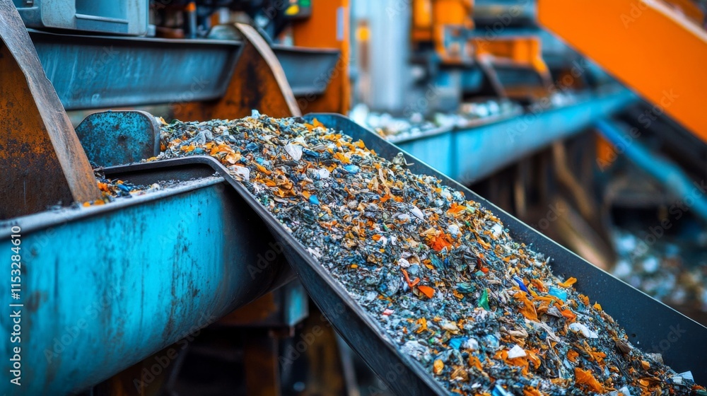 Recycled materials flowing on conveyor belt in plant Recycled materials flowing on conveyor belt in plant