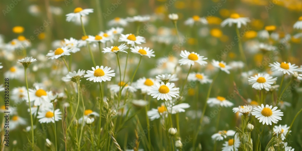Fototapeta premium Blooming wild flower Matricaria Chamomilla, also known as chamomile, showcases its vibrant beauty in a summer meadow. This wild chamomile, often referred to as German chamomile, thrives abundantly.