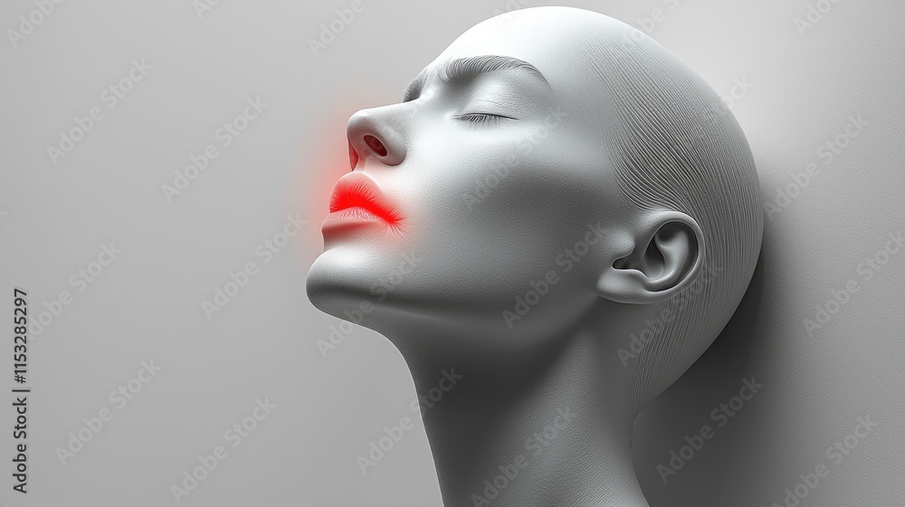 A grayscale 3D model of a human head highlights red lip inflammation. Ideal for visualizing lip conditions or cosmetic procedures. A grayscale 3D model of a human head highlights red lip inflammation. Ideal for visualizing lip conditions or cosmetic procedures.