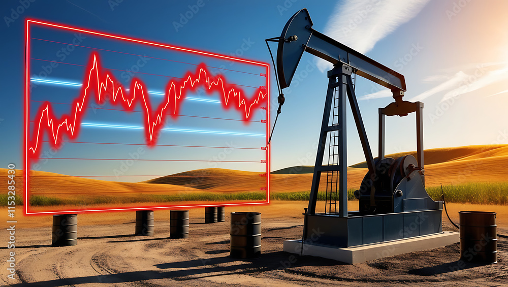 Fototapeta premium A vintage-style oil pump jack, set against a vibrant digital graph displaying fluctuating oil prices in bold, crimson lines and luminescent blue markers