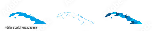 Cuba set of three maps - solid map, outline map and map highlighting administrative divisions. Three distinct maps illustrate various representations of a geographical area.
