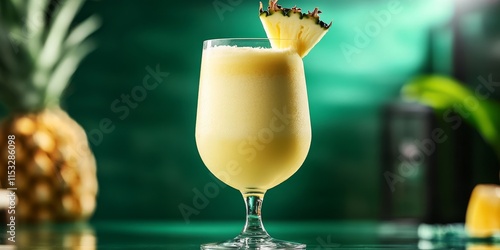 Pina colada cocktail served in a glass, showcasing a vibrant green background that enhances the refreshing essence of the pina colada. Enjoy the tropical vibes of this delicious pina colada. photo