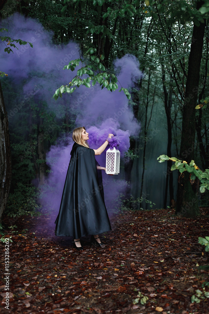 the girl holds a white openwork lantern from which thick purple smoke emanates. The ground is covered with fallen leaves, and the trees around create an atmosphere of mystery. the girl holds a white openwork lantern from which thick purple smoke emanates. The ground is covered with fallen leaves, and the trees around create an atmosphere of mystery.