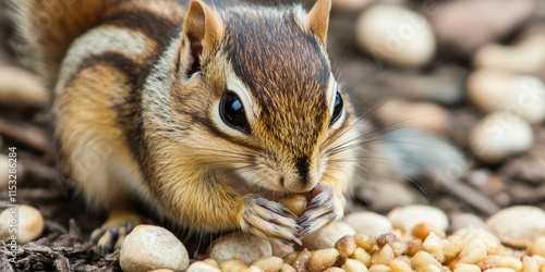 Close up image of a chipmunk searching for food, showcasing the chipmunk s keen interest and playful nature while it forages for sustenance in its natural surroundings. photo