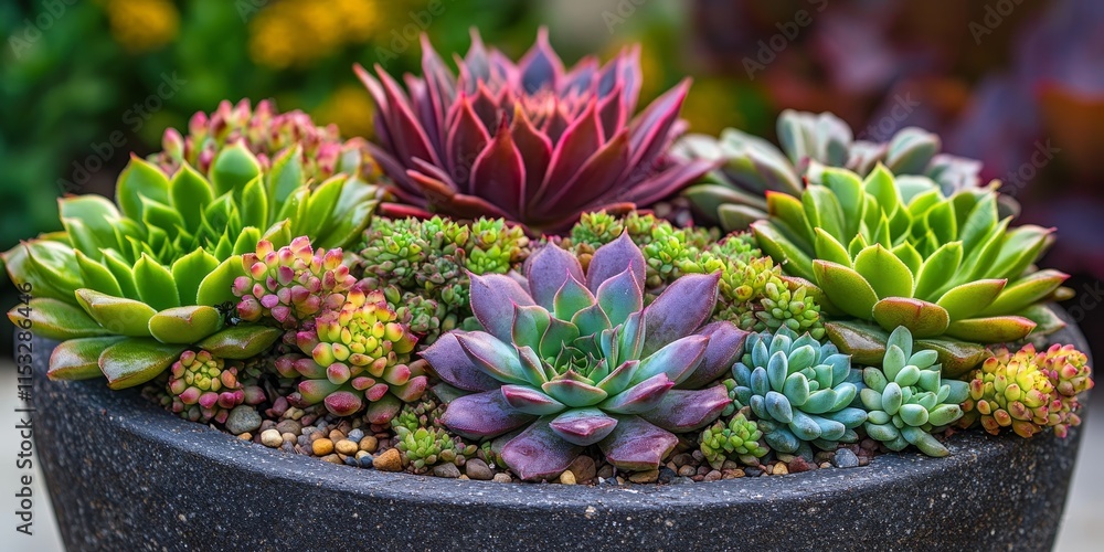 Fototapeta premium Vibrant succulent pot featuring Sempervivum tectorum, showcasing the unique beauty of Sempervivum tectorum in an artistic arrangement. Perfect for adding a touch of greenery with Sempervivum tectorum.