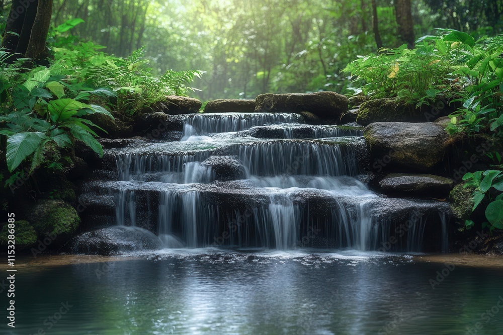 serene waterfall cascading amidst lush tropical greenery creating a peaceful atmosphere filled with the soothing sounds of nature in a vibrant rainforest setting serene waterfall cascading amidst lush tropical greenery creating a peaceful atmosphere filled with the soothing sounds of nature in a vibrant rainforest setting
