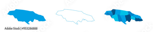 Jamaica set of three maps - solid map, outline map and map highlighting administrative divisions. Three distinct maps illustrate various representations of a geographical area.