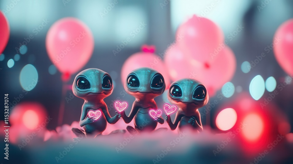 Fototapeta premium Adorable alien creatures celebrating Valentine's Day with holographic decorations and glowing pink balloons