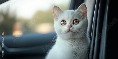 White Scottish cat standing and gazing outside from a car, the curious white Scottish cat captures the essence of feline exploration while perched within the vehicle s interior. photo