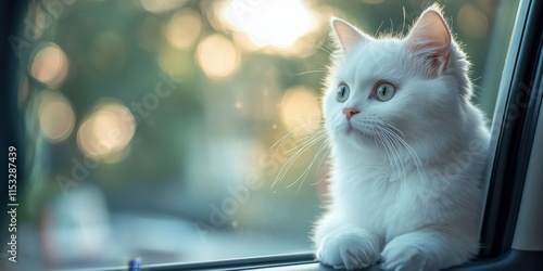 White Scottish cat standing and gazing outside from a car, the curious white Scottish cat captures the essence of feline exploration while perched within the vehicle s interior. photo