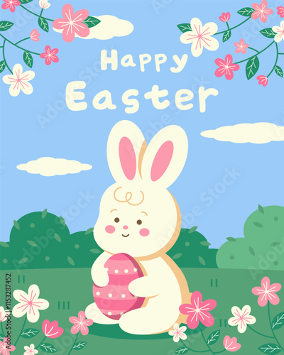 Happy Easter banner cover vector elements. Playful cute white bunny holding Easter eggs, cute chick hatched from an egg in a basket of eggs, hand drawn. Spring flowers and a branch of leaves