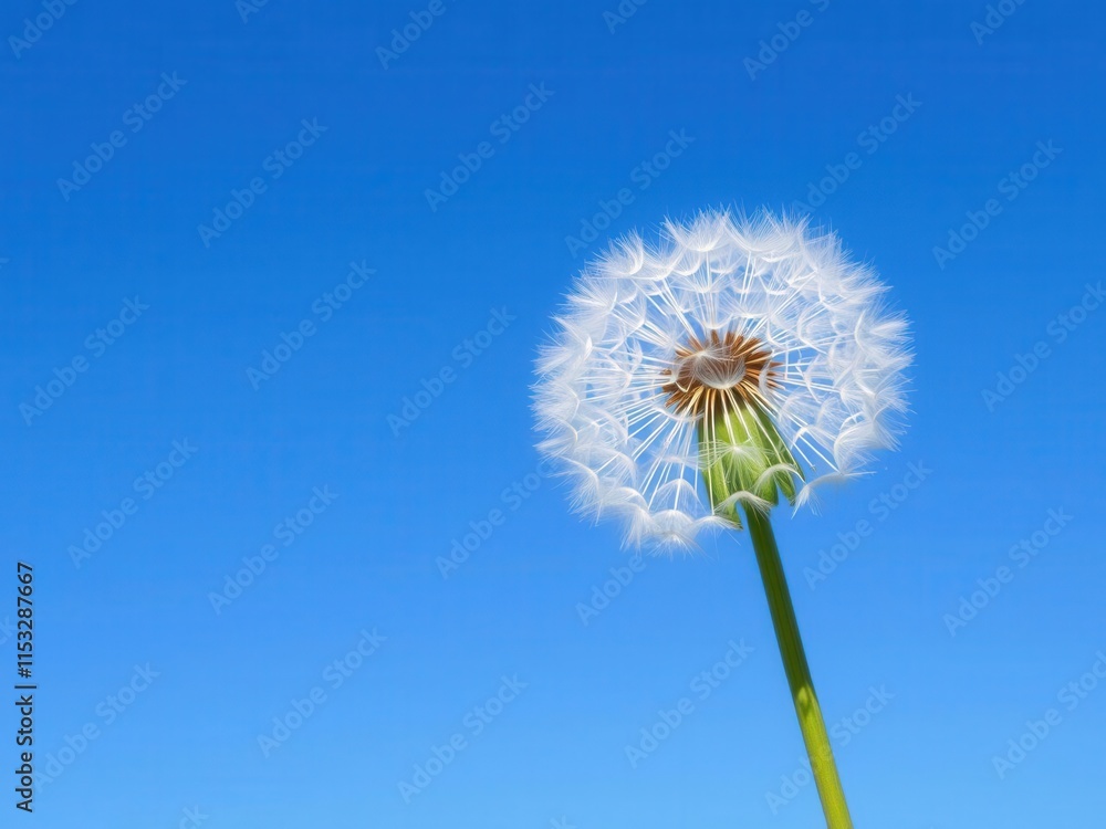 Close-Up View of a Dandelion Seed Head Against a Clear Blue Sky, Capturing the Delicate Structure and Beauty of Nature in a Serene Setting Close-Up View of a Dandelion Seed Head Against a Clear Blue Sky, Capturing the Delicate Structure and Beauty of Nature in a Serene Setting
