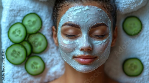 A young woman with a facial mask enjoys a spa treatment surrounded by fresh cucumber slices, promoting relaxation and skin care. Her ethnicity appears to be Mediterranean. photo