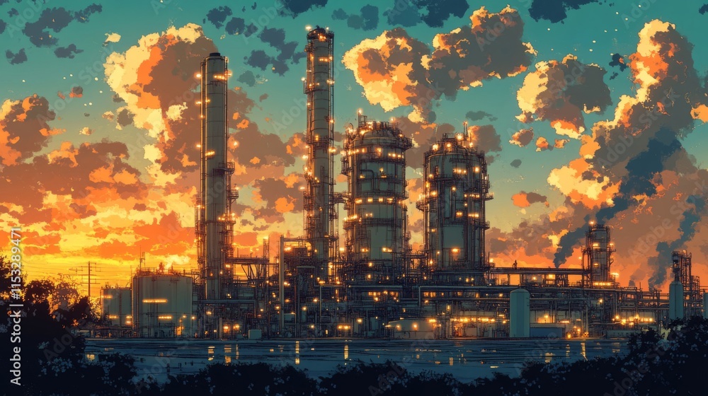 Fototapeta premium Industrial Sunset Landscape with Illuminated Refinery Towers