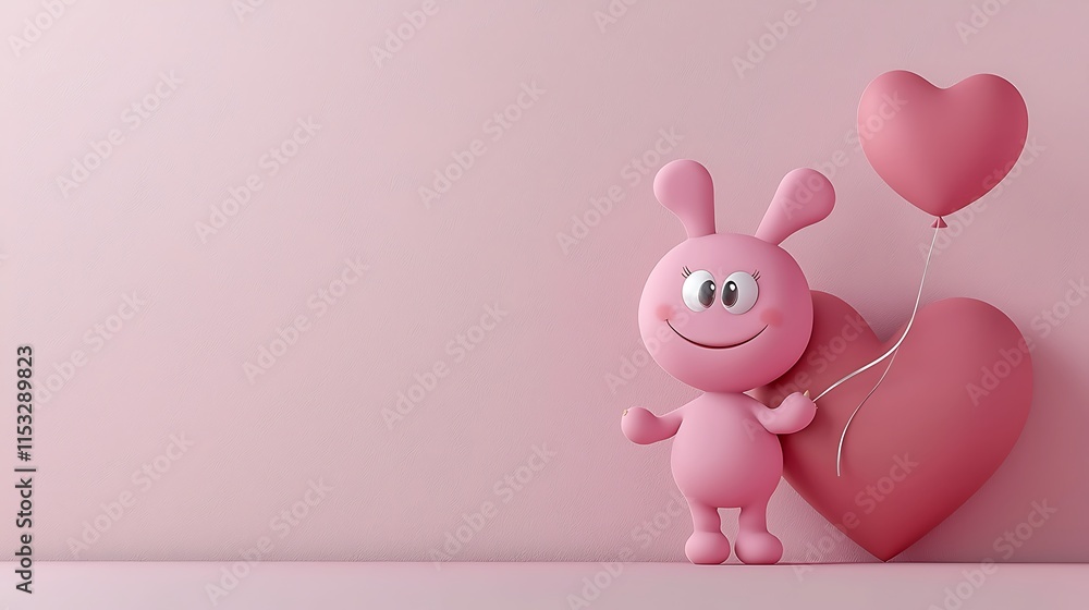 Pink Bunny Holding Heart Shaped Balloons Against Pink Wall Pink Bunny Holding Heart Shaped Balloons Against Pink Wall