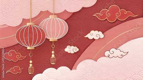 hinese New Year lanterns clouds flowers red theme prosperity celebration festive traditional Chinese culture greeting card background photo