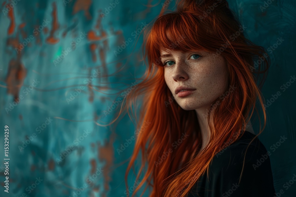 Naklejka premium Redhead fashion model posing in front of teal background with wind blowing through her hair