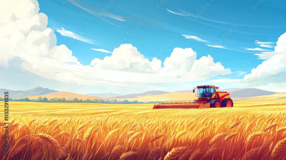 Fototapeta premium Golden Wheat Field Harvest Combine Under Sunny Skies