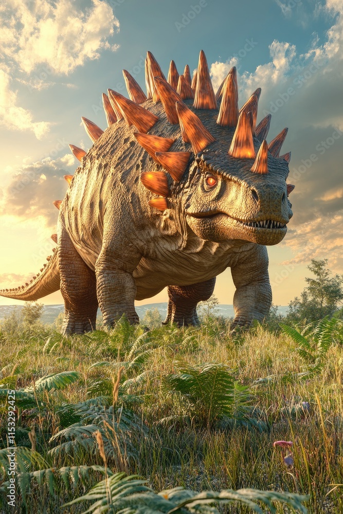 Fototapeta premium A large, spiked dinosaur stands majestically in a lush prehistoric landscape.