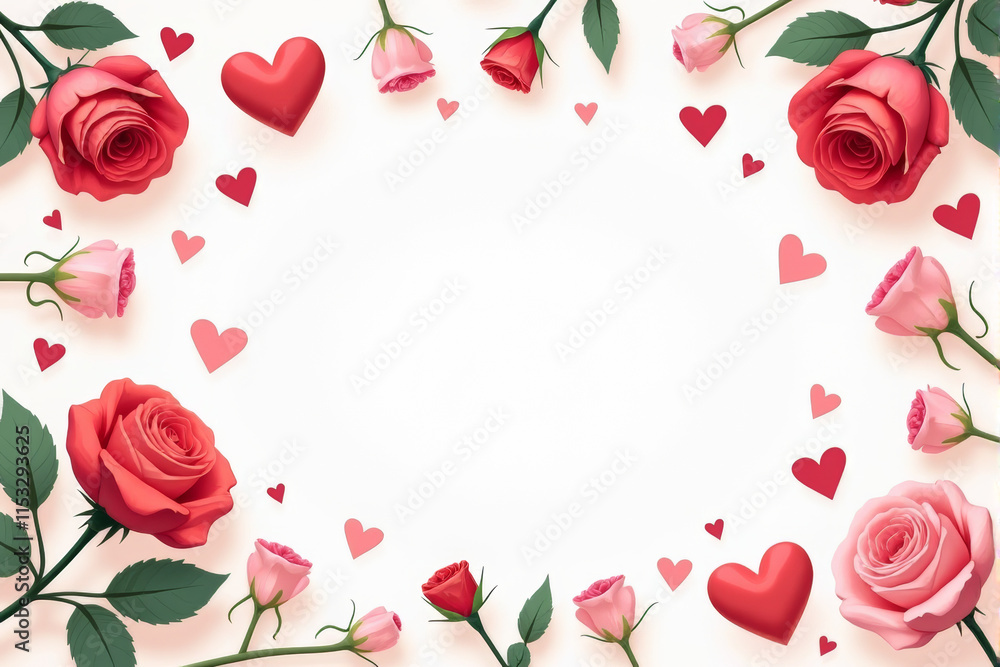 Illustration of a love-themed flatlay featuring red roses, hearts, and a Valentine’s touch. . Illustration of a love-themed flatlay featuring red roses, hearts, and a Valentine’s touch. .