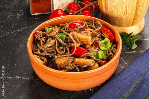 Buckwheat Soba with eel and vegetavles photo