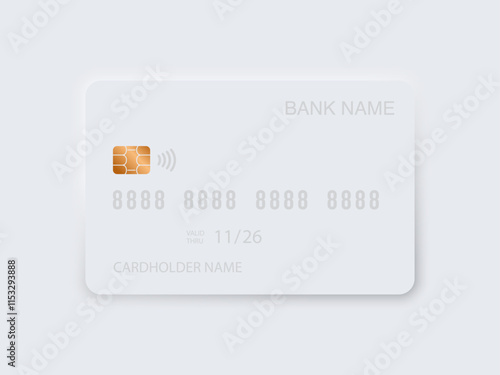 Modern Bank Credit and Debit Card Template: Neomorphism Design with Chip, White and Grey Colors, Skeuomorphism and Flat Style - Vector Graphics.