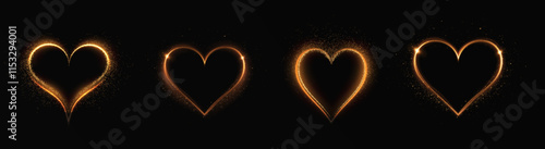 Heart gold with flashes isolated on transparent background. Light heart for holiday cards, banners, invitations. Heart-shaped neon wire glow.	

