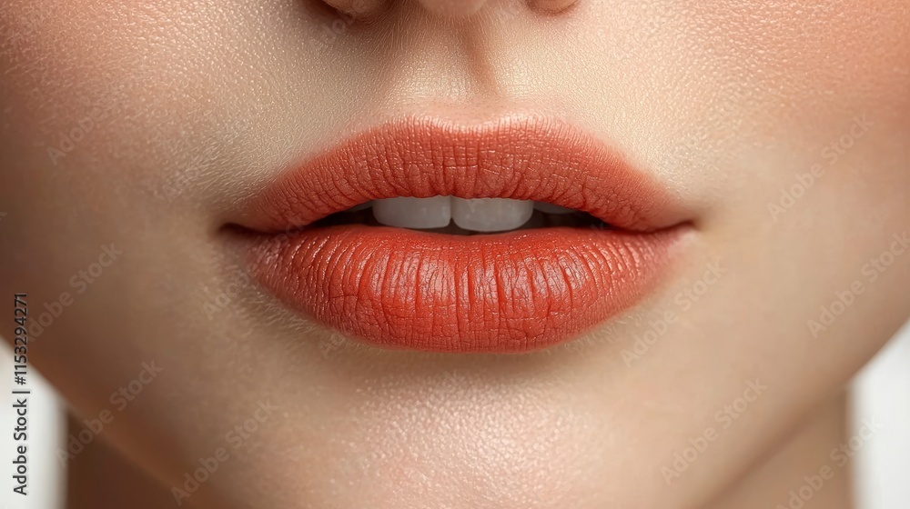 Close-up of hydrated lips with matte terracotta lipstick. Ideal for beauty product ads showcasing lip care or makeup. Close-up of hydrated lips with matte terracotta lipstick. Ideal for beauty product ads showcasing lip care or makeup.