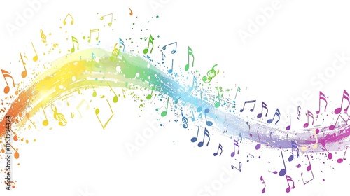 A colorful musical background with notes and a rainbow wave.