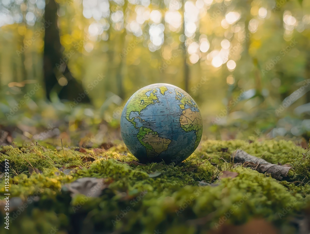 Globe Resting on Moss in a Forest Representing Environmental Concepts Globe Resting on Moss in a Forest Representing Environmental Concepts