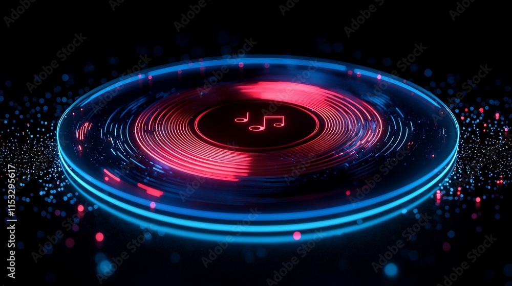Neon glowing vinyl record with music notes. Neon glowing vinyl record with music notes.