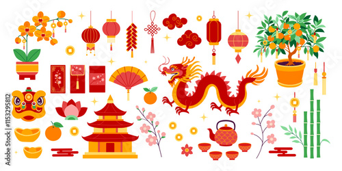 A collection of Chinese symbols and decorations including a dragon, a lotus flower, and a Chinese lantern