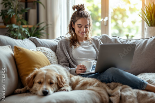 Young Woman Working Remotely from Home with Laptop and Relaxing Dog