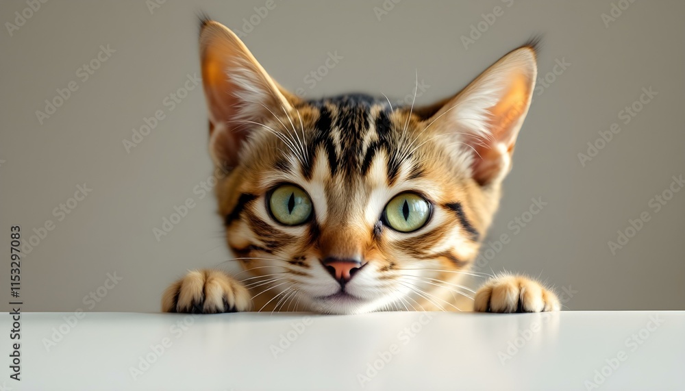 A curious cat peeks over a white board, showcasing its playful nature in an isolated setting A curious cat peeks over a white board, showcasing its playful nature in an isolated setting